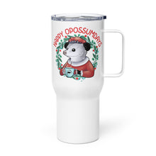 Load image into Gallery viewer, Mrs. Opossum Claus "Happy Opossumdays" Stainless Steel Travel Mug w/Handle