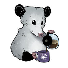 Load image into Gallery viewer, Trash Cat Coffee Character 4" Kiss Cut Vinyl Stickers (14 Options)